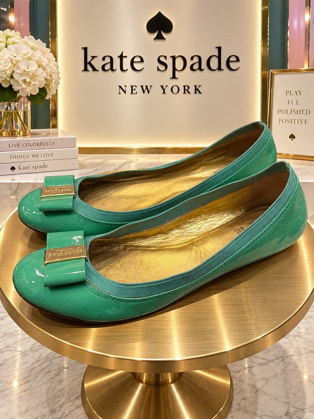 Kate Spade Tock Green Patent Leather Bow Ballet Flats Size 8M